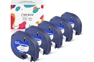 5x Hehua 91221 Plastique Étiqueteuse Compatible pour Dymo LetraTag Ruban S0721610 91201 12mm x 4m Noir sur Blanc, pour Letratag xr LT100H LT110T LT100T QX50 XR XM 2000 Plus
