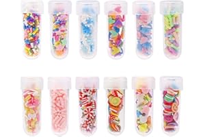 Rnigra 12 Bottles of Colored Clay Slices, Slime Charms, Slime Add Ins for Nail Art, DIY Crafts, for Creative Projects, Fruit, Snow, Stars, Snowflakes, Hearts etc. Patterns