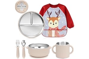 MOJINL Baby Geschirrset Edelstahl mit Saugnapf, 6 Stück Edelstahl Kindergeschirr Set mit Babyteller, Trinklernbecher, Baby Lätzchen mit Ärmeln, Baby Löffel Gabel Schüssel, BPA Frei, Spülmaschinenfest