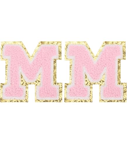 QUARKZMAN Chenille Buchstaben Patches – Große Größe 3,15×2,28″, Aufbügelbar, Goldglitzernd, Hot Pink, 3er Pack – Für Kleidung, Rucksäcke & Mehr