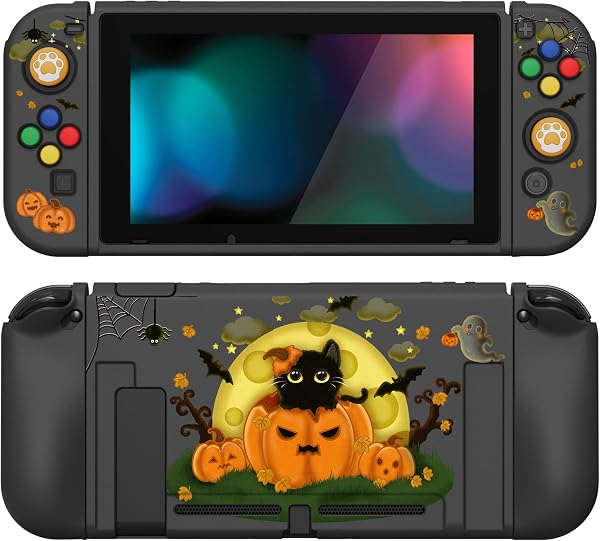 PlayVital ZealProtect Soft Protective Case for Nintendo Switch, Flexible Cover Protector for Switch with Screen Protector & Thumb Grip Caps & ABXY Direction Button Caps - Moon Night Halloween - 1