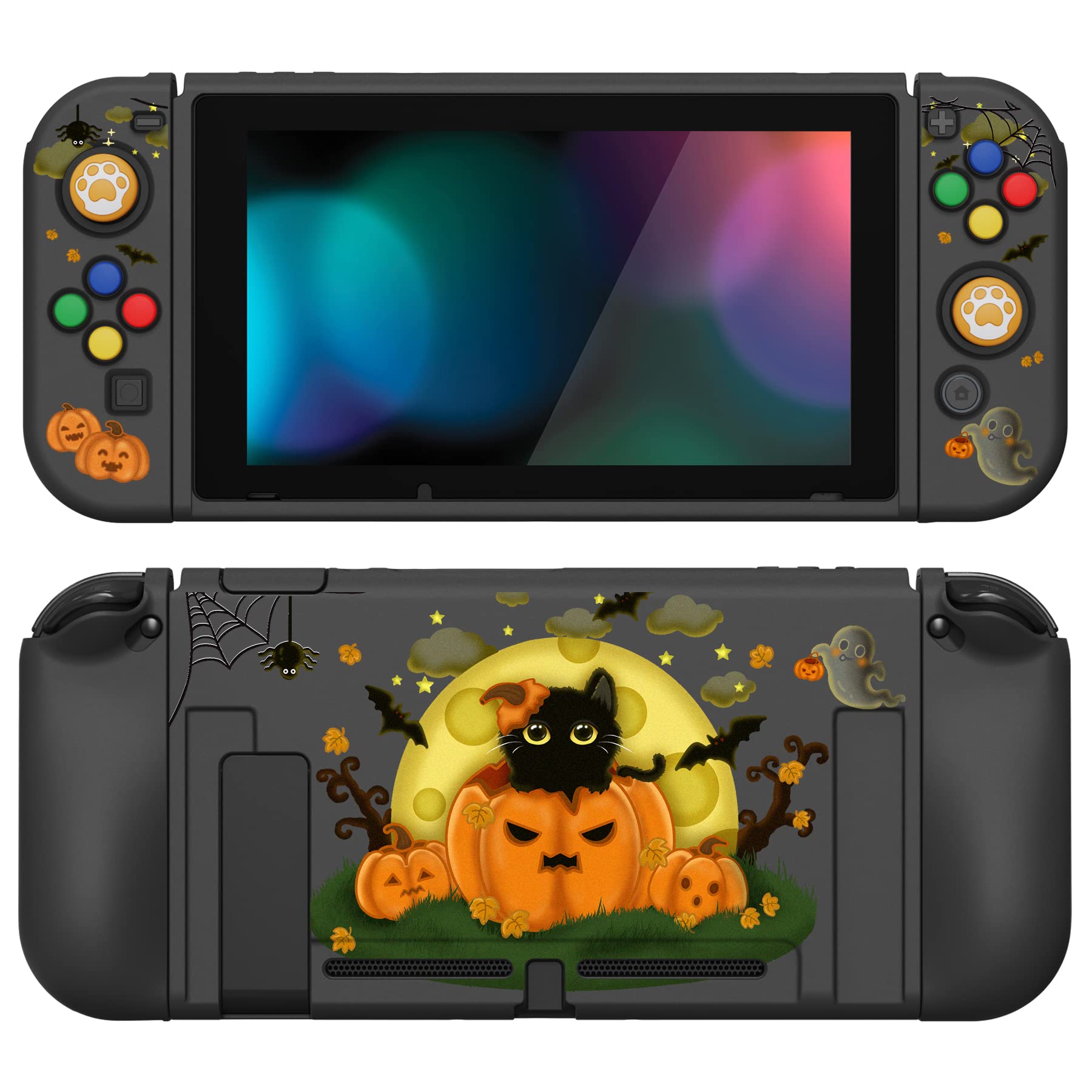 PlayVital ZealProtect Soft Protective Case for Nintendo Switch, Flexible Cover Protector for Switch with Screen Protector & Thumb Grip Caps & ABXY Direction Button Caps - Moon Night Halloween - 1