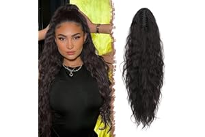 FESHFEN Coleta Postiza Pelo Natural con Pinza Cola Postiza Largo Ondulado Rizado Negro Natural Sintética Extensiones Coleta Postizos para Mujeres, 75 cm