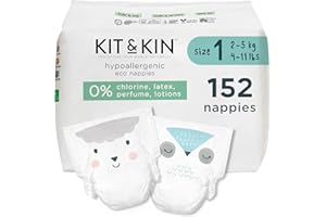 Kit & Kin Premium Eco Baby Nappies Size 1 | Newborn 2-5 kgs / 4-11 lbs | Pack of 152 Nappies | Plant-Based & Hypoallergenic | Superior Leak Protection | Vegan & Cruelty Free