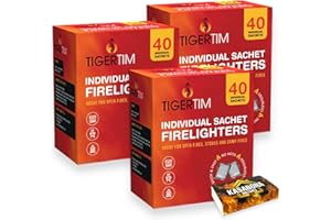 Tiger Tim Firelighters Sachets Mess Free Odourless Safe Quick Fire Starter hotspot Burners BBQ Coal Wood Burners with KasaBona Safety Matches (120 Firelighters)