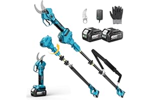 SEESII Sécateur Électrique Avec Perche, Coupe Max 45 mm, 2-en-1 Sécateur Électrique Sans Fil Télescopique, Portée Totale 4,5 m, 2 * 4,0Ah Batteries, Lame SK5, Jardin/Arbres/Fleurs PS041Pro