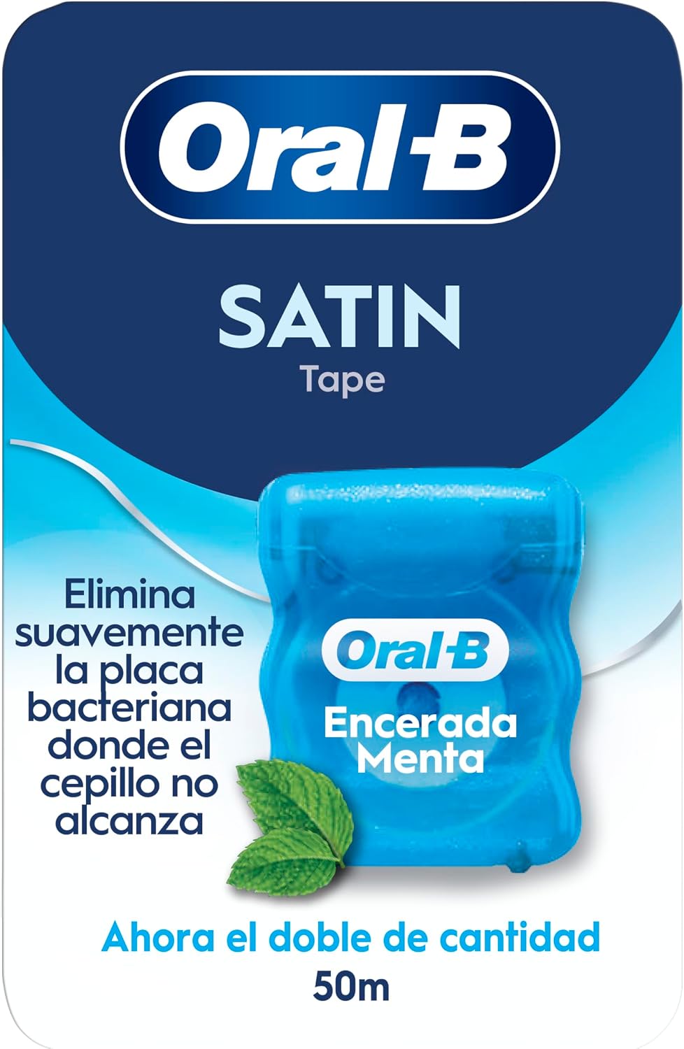 Oral-B Satin Tape Hilo Dental Encerado Para Espacios Estrechos, Seda Dental Con Sabor a Menta, Limpia Entre Los Dientes y Reduce La Placa, Cinta Dental Con Cera, Rollo De 50m