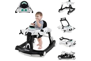 COSTWAY 6 en 1 Andador Bebés, Andador Plegable de Avión, Altura Ajustable en 3 Niveles, 6 Ruedas Universales, Caja de Música Extraíble, Tacata Bebes, Caminador Bebe para Niños de 6-18 Meses (Blanco)