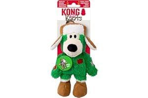 KONG Christmas Holiday Wild Knots Bear Dog Toy – Durable Rope Skeleton, Squeaker for Long-Lasting Play, Less Stuffing for Less Mess, Assorted Colors (1 Pack, Small/Medium)