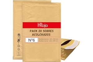 HRoja - Sobres Acolchados Nº6 (240 x 350 mm), Pack de 20 - Papel Kraft con Burbuja Interior - Autoadhesivos, Resistentes, Antigolpes y Antimanipulación para Envíos y Paquetería