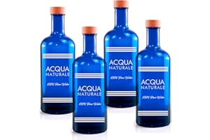 BrandPrint, Bottiglia in vetro Blu Mod. Iside, con tappo a vite GPI33 in Alluminio rivestito in legno. Set di 4 Bottiglie per Acqua solarizzata. Serigrafate con dicitura "Naturale"