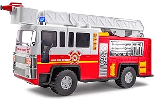 PLAYKIDZ Playkidiz Fire Truck Toy for Kids with Lights and Siren Sounds - 38 cm Classic Red & White Fire Engine Rolling Emergency Vehicle - Interactive Play Movable Ladder, Early Learning Fun For Boys & Girls