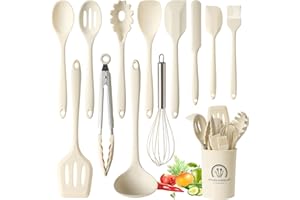 Omtofo 13 Pièces Set Ustensile Cuisine Silicone, sans BPA, Antiadhésive Anti-Rayures Cuisine Accessoires, Passe au lave-vaisselle - Beige