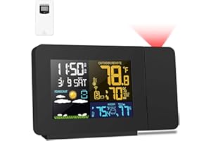 Radio Control(Official 2023MSF UK Version)Kalawen Projection Alarm Clock with Outdoor Sensor,Weather Station for Bedroom,Projector Dimmable Clock Dual Alarms LCD Display Temperature Humidity Date Time