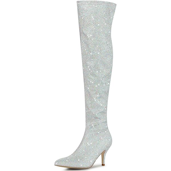 Allegra K Women's Glitter Over-The-Knee Boots - Stiletto Heel, Silver, Size 6 M US