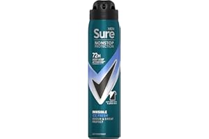 Sure Men Nonstop Protection Invisible Ice Fresh Deodorant Body Spray Antiperspirant with body heat activated technology for 72 hour odour and sweat protection 250 ml