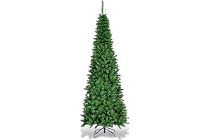COSTWAY 200 cm konstgjord julgran, förbelyst gångjärnsgran med 708 grenar, smalt träd med 250 varma LED-lampor, hopfällbart metallstativ och överlägsna PVC-blad, lätt att sätta upp, semesterdekoration för hem och butik, grön (200 cm)