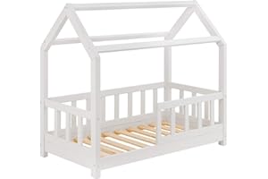 ‎RIVERBANK RIVERBANK® Hausbett 70x140 mit Rausfallschutz, Bettkasten & Lattenrost - Vielseitiges Holz Kinderbett 90x200 cm für Jungen & Mädchen - Kinder Haus Bett aus Kiefer Holz Jugendbett Massivholz Weiß