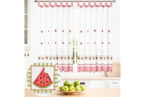 BOD HOME, 2 Piezas, Cortinas Blancas Translúcidas con Trabillas. Cortinas para Cocina, Diseños de Frutas y Tazas con Acabado de Color. Cortina Media Altura Hecha de Poliéster, 150x150cm (AnchoxAlto)