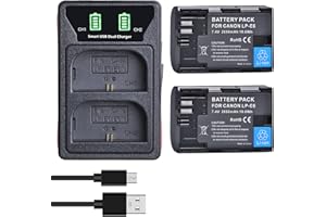 DuraPro 2 baterías LP-E6 + cargador USB LED integrado con puerto tipo C para cámaras Canon LP-E6, LP-E6N y Canon EOS 5D Mark II/III, 5DS, 5DS R, 6D, 7D, 70D, 80D, XC10, Blackmagic 4K/6K