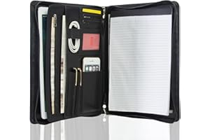 Calfinder A4 Conference Folder, PU Leather Document Folder, Zipper Writing Case A4, Briefcase with A4 Clipboard, Business Portfolio Organizer, Black