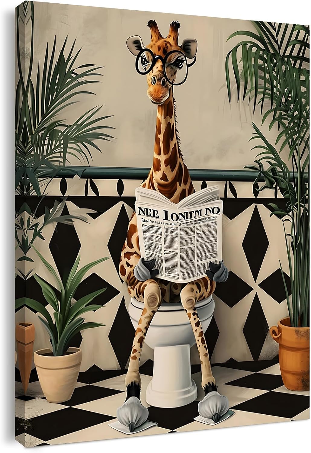 Qiukoo Wall Art Funny Giraffe Toilet Print – Framed Canvas Artwork for Bathroom Pictures and Decor, Waterproof Toilet Wall Art with Frame and Hanging Hooks, 12x16 Inch