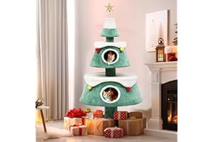 YITAHOME Christmas Cat Houses for Indoor Cats, Christmas Cat Tree Tower with 2 Cozy Houses, Kitty Furniture with Teaser Plaything for Christmas Decoration