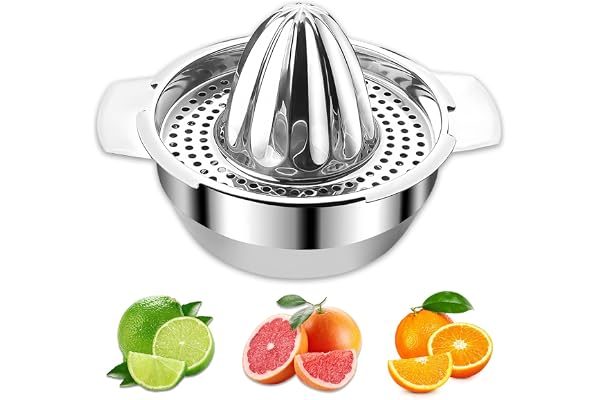 DONGDA Manuell citruspress i rostfritt stål, manuell apelsinpress med behållare, manuell citronpress för pressning av citroner, apelsiner och citrusfrukter, diskmaskinssäker (kapacitet: 450 ml)