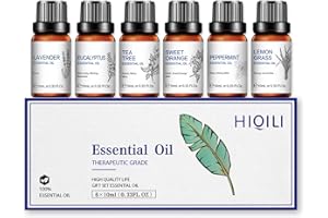 HIQILI Classical Essential Oils Set, Pure Essential Oil as Gift Set, Lavender Tea Tree Eucalyptus Peppermint Orange Lemongrass for Diffusers Home Humidifier Candle Soap Making -6x10mL