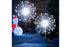 yowin Solar Garden Firework Lights 2 Pack 120 LED Solar Christmas Decorations, Firefly Garden Stake Lights 8 Modes Allium Lights, Outdoor Waterproof Solar Starburst Lights for Xmas Pathway - White