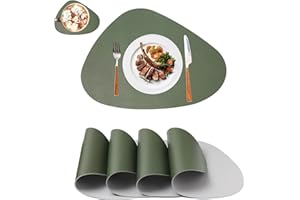 ‎MIIDD Platzsets Abwaschbar Leder,Tischsets Abwaschbar Rund,Platzdeckchen Abwaschbar Rund,Tischset Lederoptik,Doppelseitigen Platzset und Untersetzer Teller 4er Set Oval(Grün&Grau)