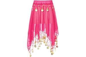 Jowowha Mädchen Bauchtanz Rock Chiffon Tanzrock mit Münzen Gummiband Asymmetrisch Rock Orientalische Indische Tanzkleidung