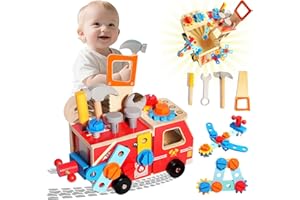Pmueuff Outils Enfant Jouet, 33 Pièces Boite a Outils en Bois Jeux Montessori Jeu d'Imitation Bricolage Éducatif Etabli Camion de Pompier en Bois Cadeau pour Garcon Fille 2 3 4 5 Ans