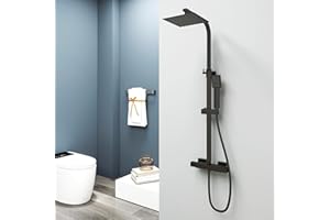 AICA SANITARIOS S.L Aica Sanitarios Columna de Ducha Termostática Negro Mate con Cuadrados 38℃, Barra Regulable y Alcachofa de Ducha para Baño, Ducha Lluvia