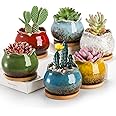 TOPZEA Set of 6 Succulent Plant Pots, 4 Inch Glazed Ceramic Pots with Drainage and Saucer, Mini Bonsai Planter Small Flower Pots for Indoor Outdoor Use