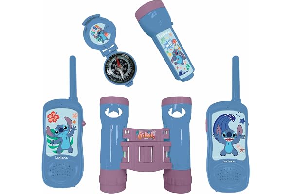Lexibook, Disney Stitch, Set d'aventurier pour Enfants, Talkie-Walkies 120m, Jumelles, Boussole, Lampe Torche, Bleu/Violet, RPTW12DLXB