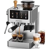 AIRMSEN 20 Bar Espresso Coffee Maker with Conical Grinder and Milk Steamer, Programmable, Touch Screen, Made of Stainless Ste
