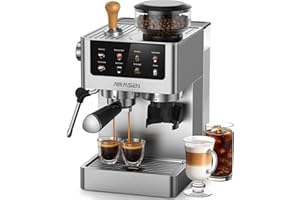 AIRMSEN Espresso Machine à Café Grain à Tasse avec Mousseur à Lait - Programmable, Écran Tactile Couleur, Compatible Café Froid (Cold Brew) et Americano, En Acier Inoxydable, Réservoir 1.8L