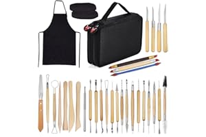 Clay Sculpting Tools,YZNlife Set of 30 Pottery Tools Clay Modelling Tools Kit Wood Clay Carving Tools Set with Storage Bag,Apron and Sleeves for Adults Beginners Pottery Ceramics Sculpture,Carving