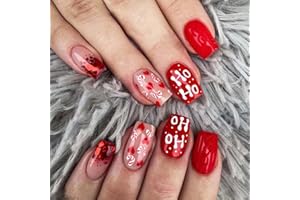 NLFOX Christmas Stick on Nails - 24PCS Red False Nails - Christmas Style Fake Nails with Letter & Paillette Pattern - Glossy Full Cover False Nails with Glue Nail Art Gifts for Women
