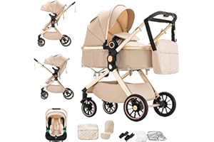 BEBBY Cochecito de bebé 3 en 1,Carrito Bebe 3 en 1 Con Asiento, Cochecitos Portátil Plegable Con, Carricoche Combinado Paisaje Alto Marco de Aluminio Para Recién Nacido (U9-X-BEIGE, U9-X)