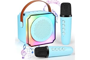 CARASTEK Mini przenoÅ›na maszyna do karaoke z 2 bezprzewodowymi mikrofonami, dla dzieci i dorosÅ‚ych, z efektami zmiany gÅ‚osu i efektami Å›wietlnymi LED, dla chÅ‚opców i dziewczynek (Bllue)