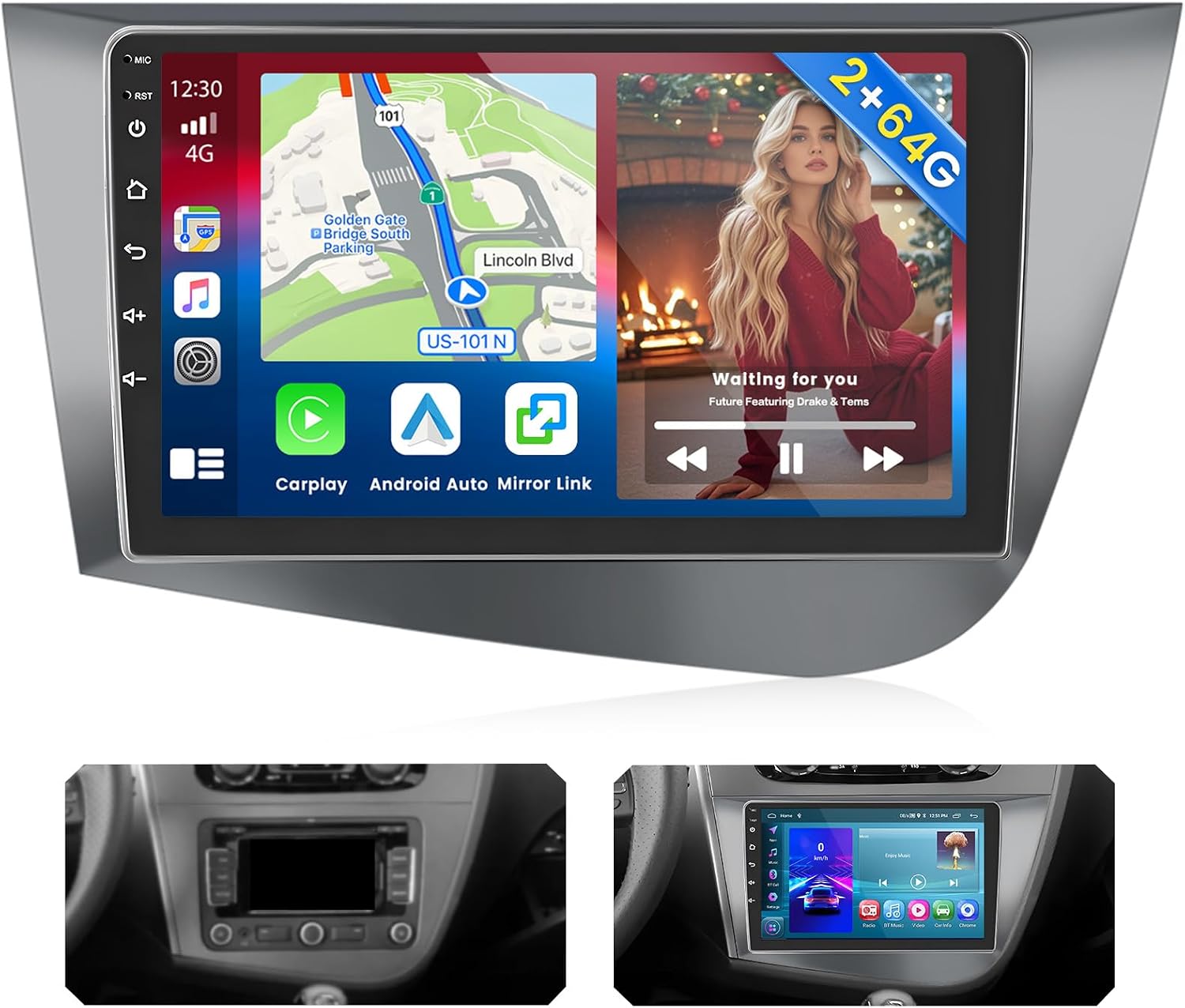 [2+64GB] Inefala Autoradio Android para Seat Leon MK2 2005-2012, 9" Pantalla Radio Coche Bluetooth con Wireless Carplay Android Auto GPS WiFi RDS/FM SWC USB Canbus Cámara de Marcha Atrás Mic