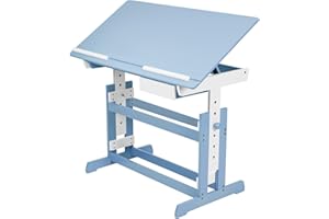 TecTake® Scrivania Regolabile in Altezza, Piano Scrivanie Inclinabile, Tavolo per Strudiare con Angoli Arrotondati, Scrivania Ragazzi con Cassetto e Listelli Ferma Oggetti - Blu