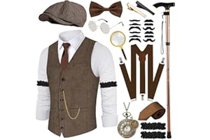 20er Jahre Kostüm Herren Weste mit Accessories Hosenträger, Krücke Taschenuhr Bart Barett Gläser Krawattennadel für Mafia Kostüm 1920S Gangster Peaky Blinders Karneval Halloween Mottoparty