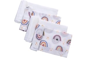 LAT LEE AND TOWN LAT Set 4 Pezzi Mussole Cotone per Neonato, 70x70cm Panni in Mussola per Neonato, Morbido e Traspirante Teli in Mussola Copertina Cotone per Neonati (Arcobaleno+Bianco)