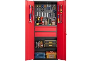 Aobabo Metal Storage Cabinet with 5 Pegboards and 2 Drawer,180 * 76 * 38CM Lockable Steel Tool Cabinet for Garage,Warehouse,Assembly Required,Black and Red