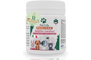 PETZOLLA Additivo Lavatrice per tessuti a contatto con Animali 12 bustine da 10gr, Igienizzante bucato naturale, Neutralizza Odori, Elimina Batteri, peli e biofilm, formula Atossica - 120 gr - Made in Italy