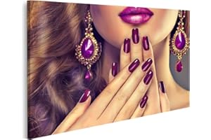 islandburner Cuadro en Lienzo Uñas de Lujo de Estilo de Moda Cosméticos de manicura Maquillaje de Pelo Rizado Matices de Maquillaje Pendientes de Violeta púrpura Cuadros Decoracion Impresión Salon