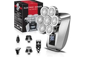 elestyle Rasoio Testa Calva, 5 in 1 Kit con 7 Testine Rotanti, Rasoio Elettrico Barba, Taglia Peli Naso, Massaggiatore, Rasoio Testa Calva Rapidamente, Tagliacapelli Uomo Professionale Argento